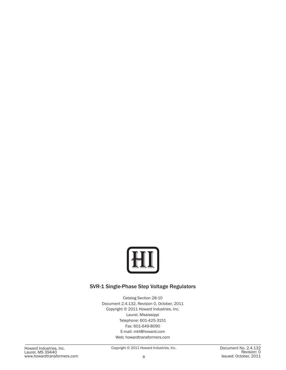 Svr-1 single-phase step voltage regulators | Howard Voltage Regulators User Manual | Page 8 / 8