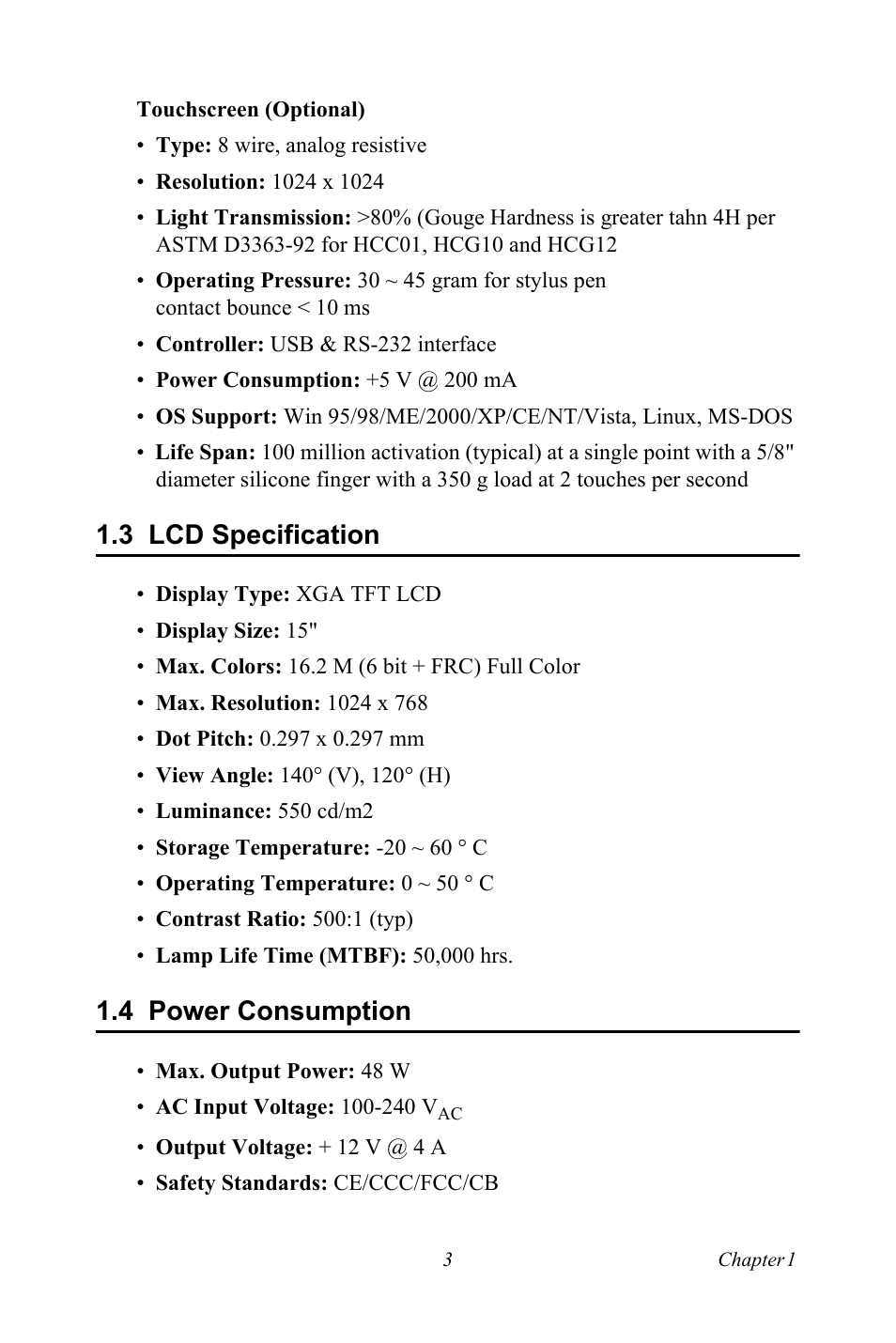 3 lcd specification, 4 power consumption, Lcd specification | Power consumption | Advantech FPM-3150G User Manual | Page 13 / 46