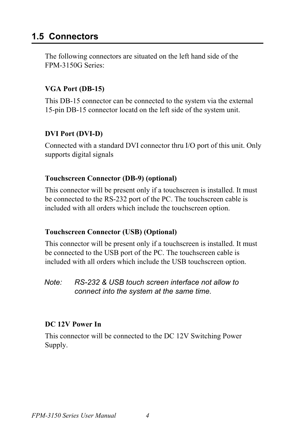 5 connectors, Connectors | Advantech FPM-3150G User Manual | Page 14 / 46