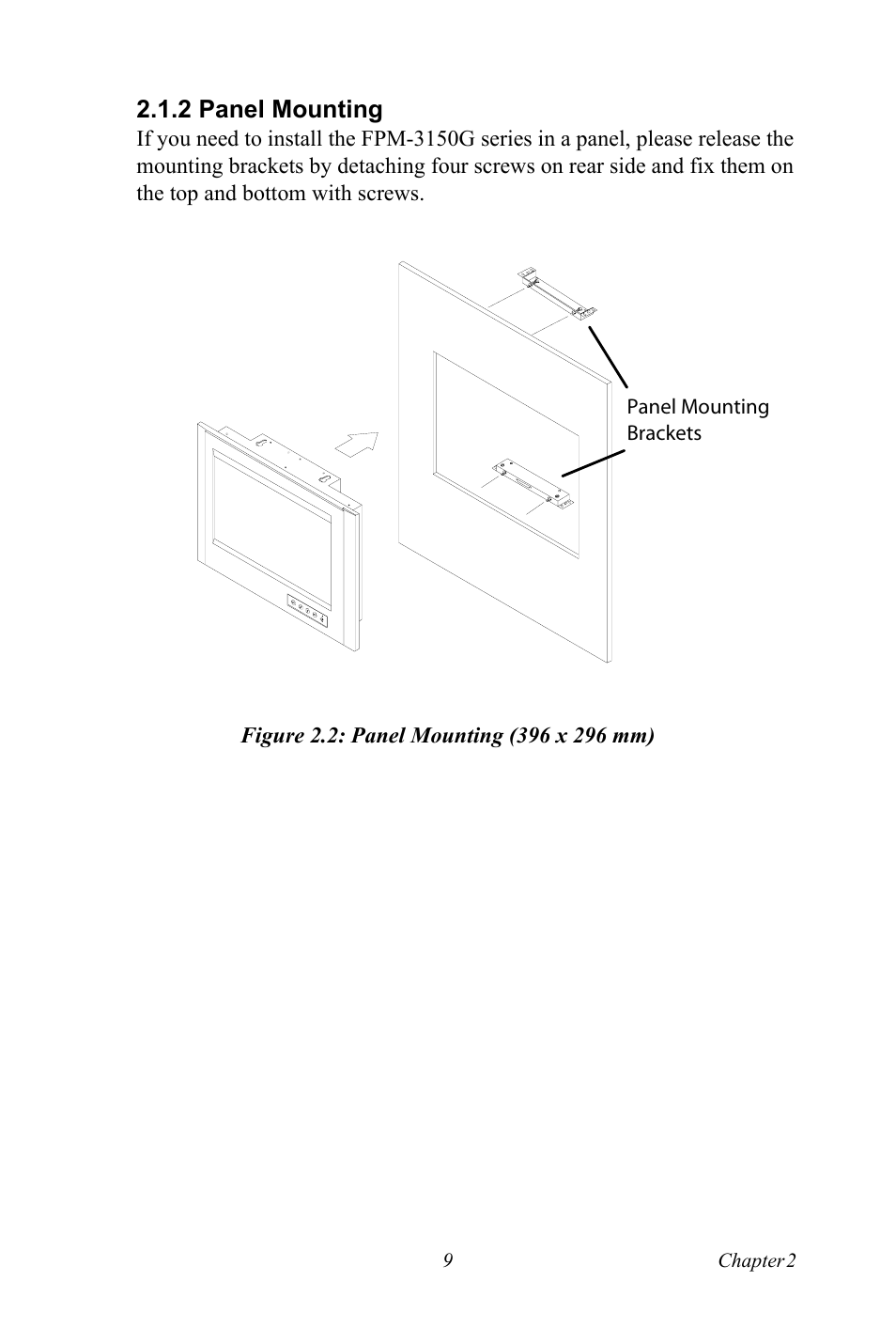 2 panel mounting, Figure 2.2: panel mounting (396 x 296 mm) | Advantech FPM-3150G User Manual | Page 19 / 46