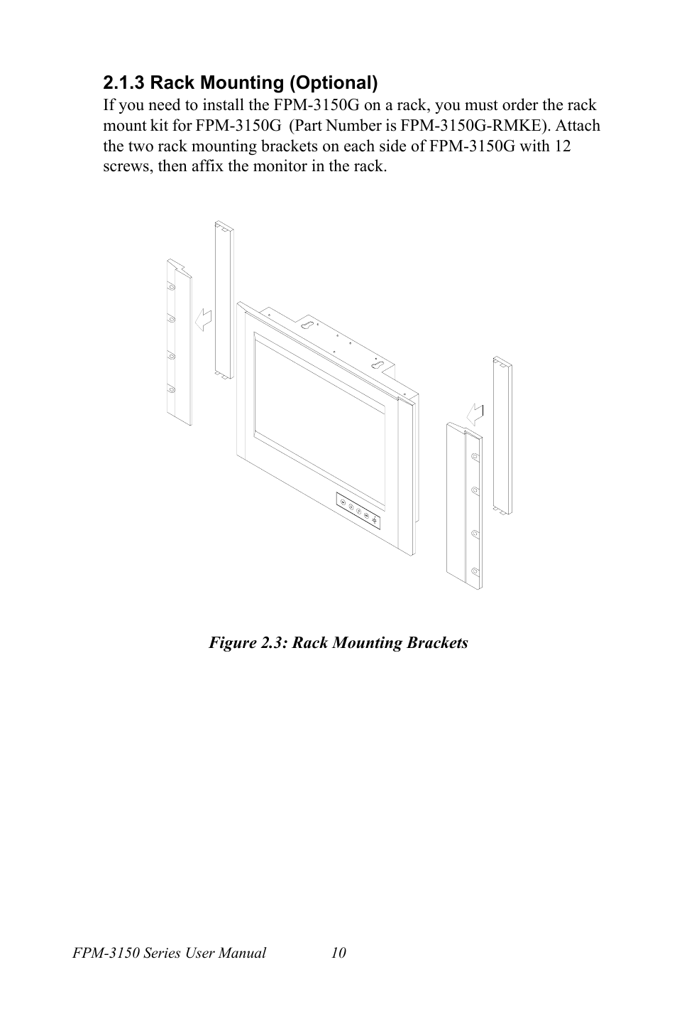 3 rack mounting (optional), Figure 2.3: rack mounting brackets | Advantech FPM-3150G User Manual | Page 20 / 46