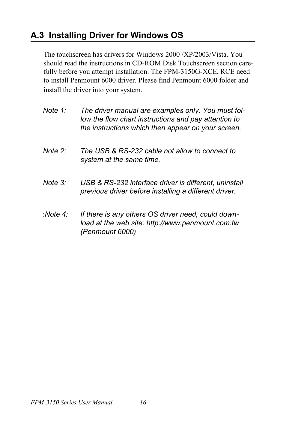 A.3 installing driver for windows os, Installing driver for windows os | Advantech FPM-3150G User Manual | Page 26 / 46