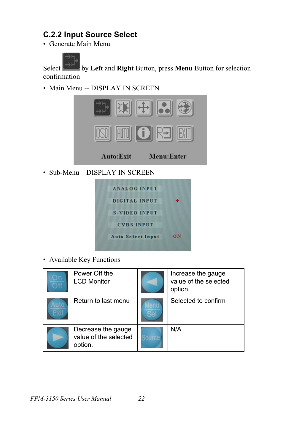 C.2.2 input source select | Advantech FPM-3150G User Manual | Page 32 / 46