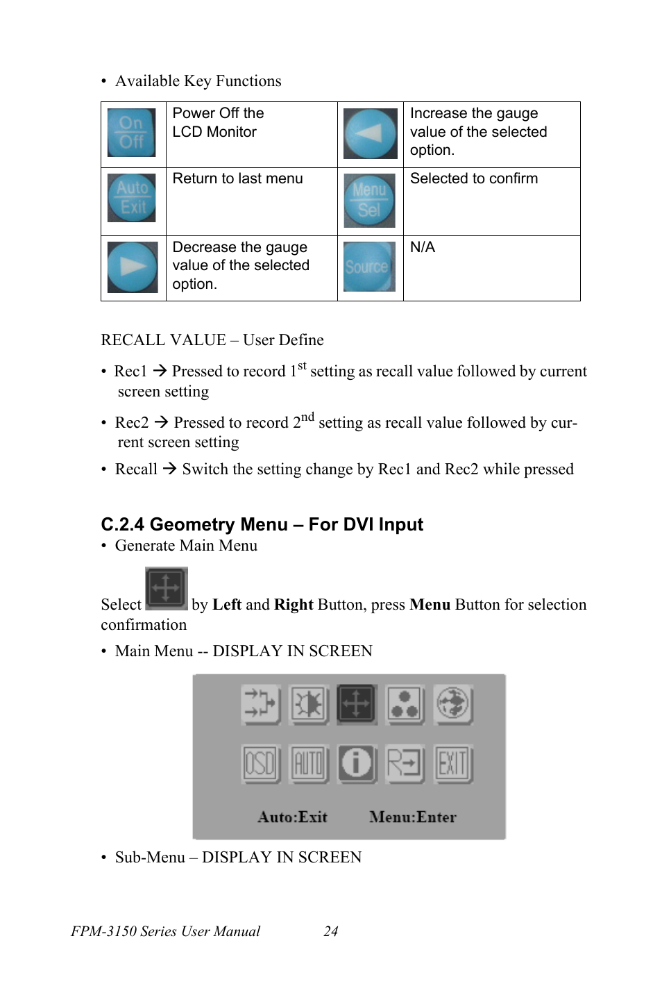 C.2.4 geometry menu - for dvi input, C.2.4 geometry menu – for dvi input | Advantech FPM-3150G User Manual | Page 34 / 46