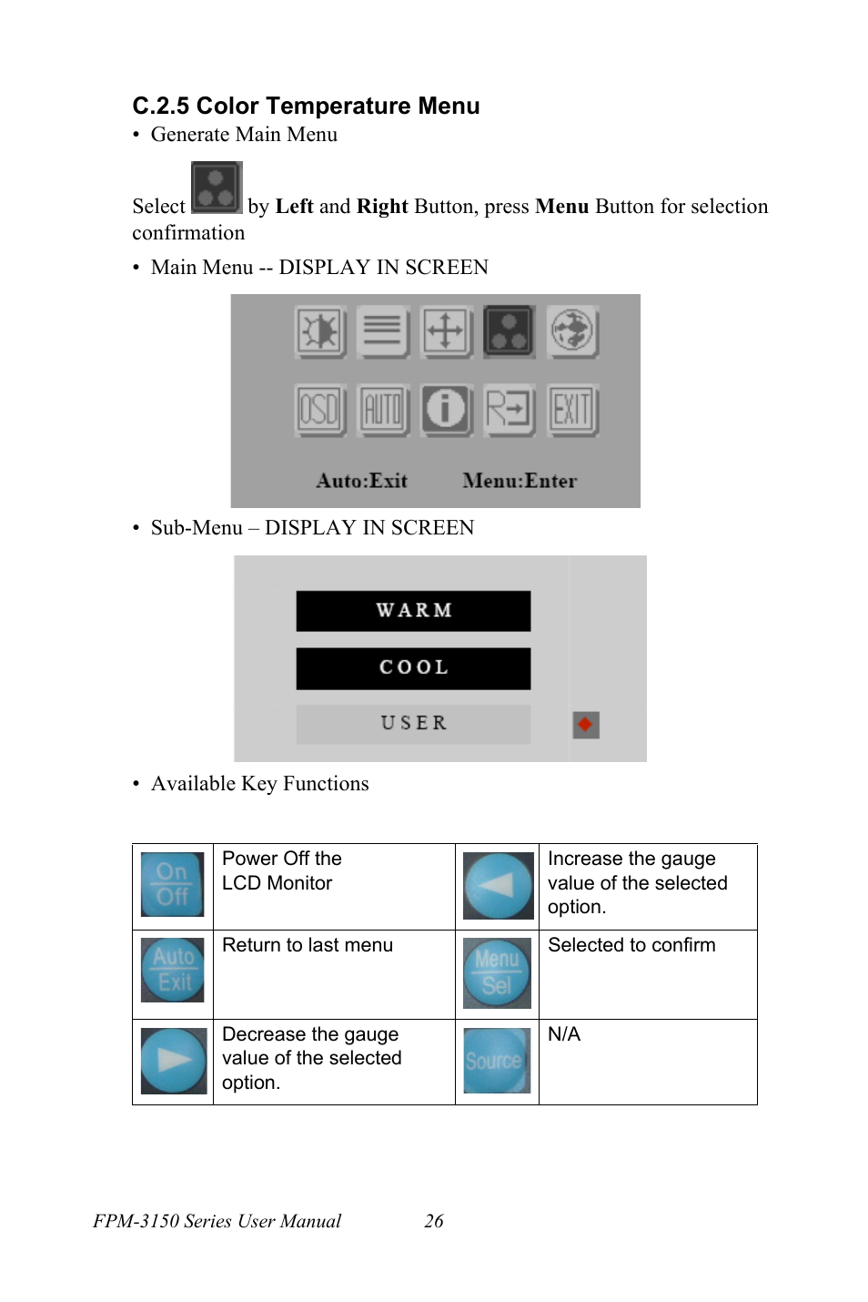 C.2.5 color temperature menu | Advantech FPM-3150G User Manual | Page 36 / 46