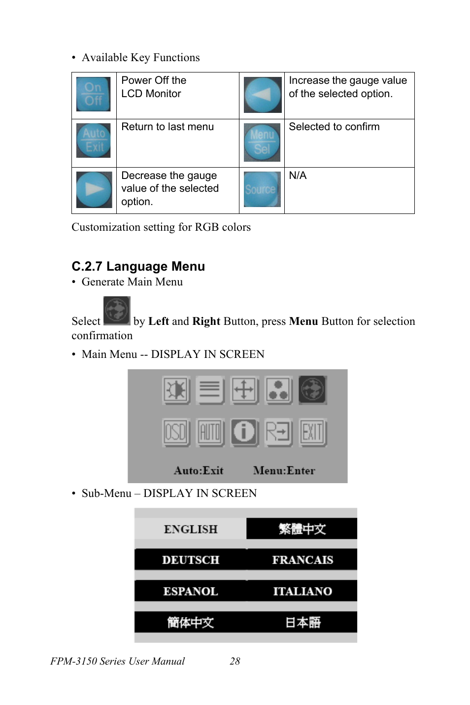 C.2.7 language menu | Advantech FPM-3150G User Manual | Page 38 / 46