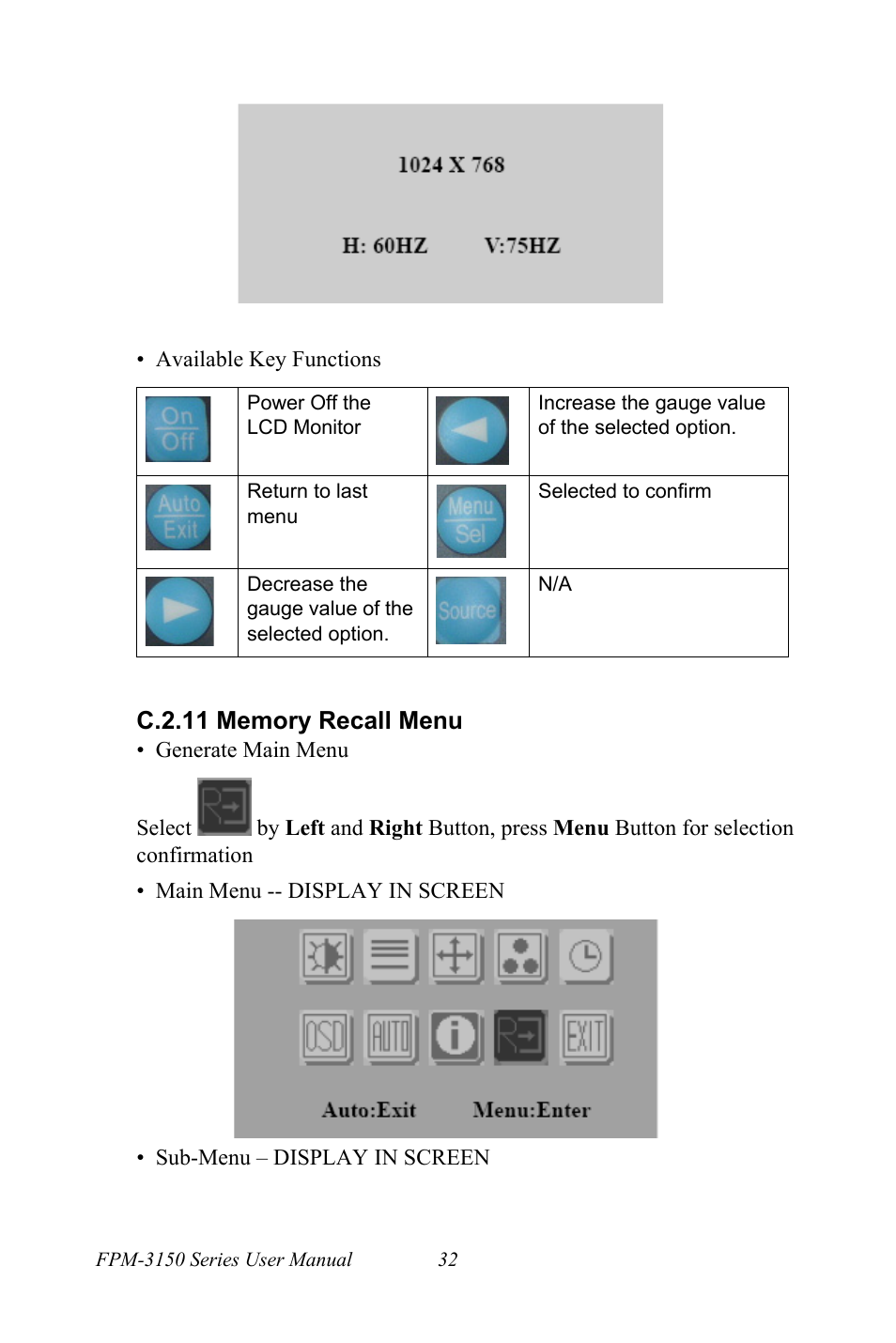 C.2.11 memory recall menu | Advantech FPM-3150G User Manual | Page 42 / 46
