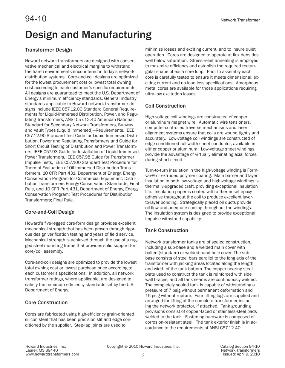 Design and manufacturing | Howard Network Transformers User Manual | Page 2 / 8