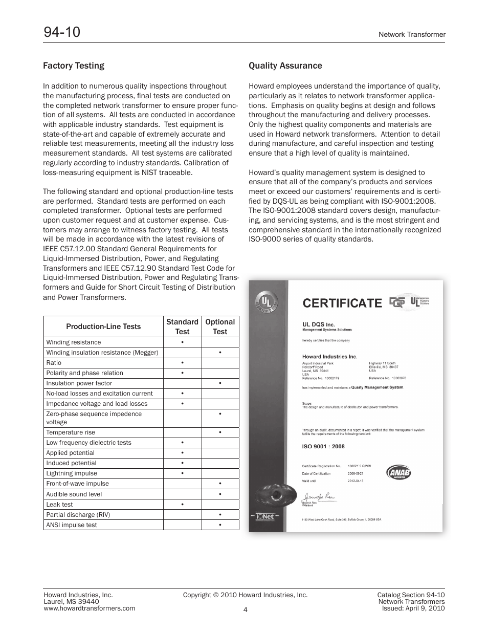 Factory testing, Quality assurance | Howard Network Transformers User Manual | Page 4 / 8