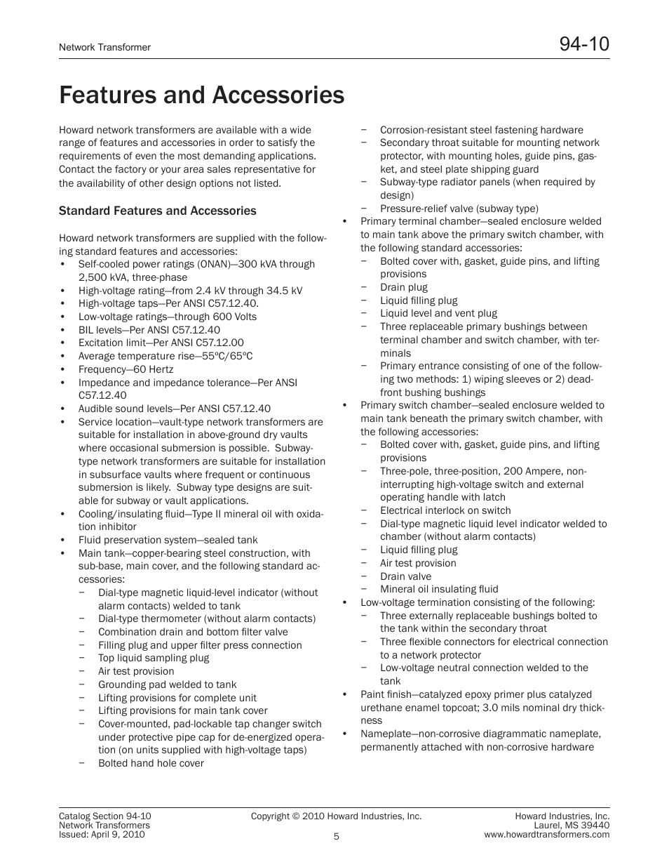 Features and accessories | Howard Network Transformers User Manual | Page 5 / 8