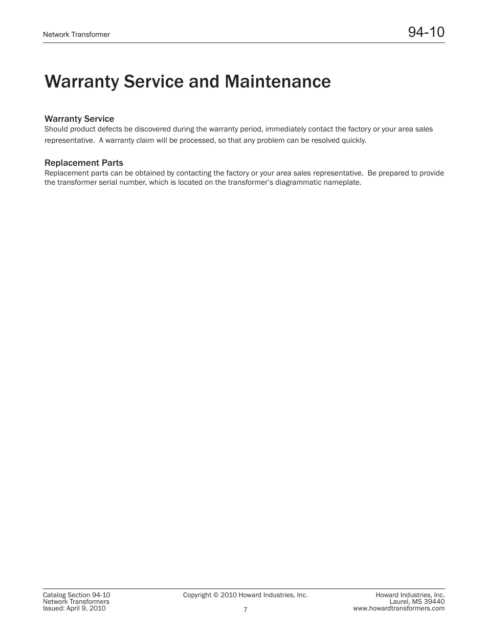 Warranty service and maintenance | Howard Network Transformers User Manual | Page 7 / 8