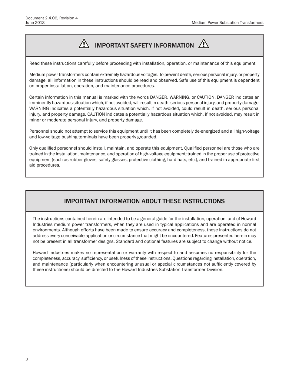 Important safety information, Important information about these instructions | Howard Medium Power Substation User Manual | Page 2 / 24