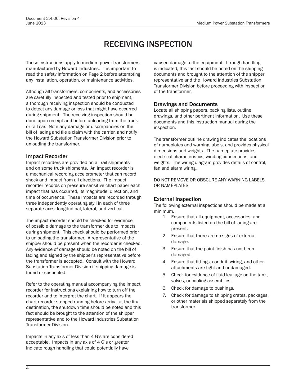 Receiving inspection | Howard Medium Power Substation User Manual | Page 4 / 24