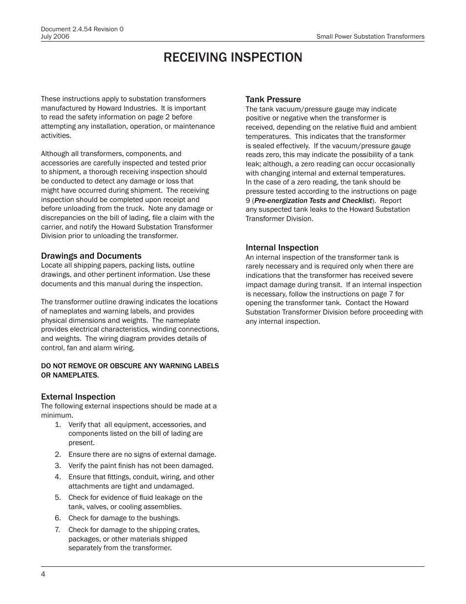 Receiving inspection | Howard Small Power User Manual | Page 4 / 18