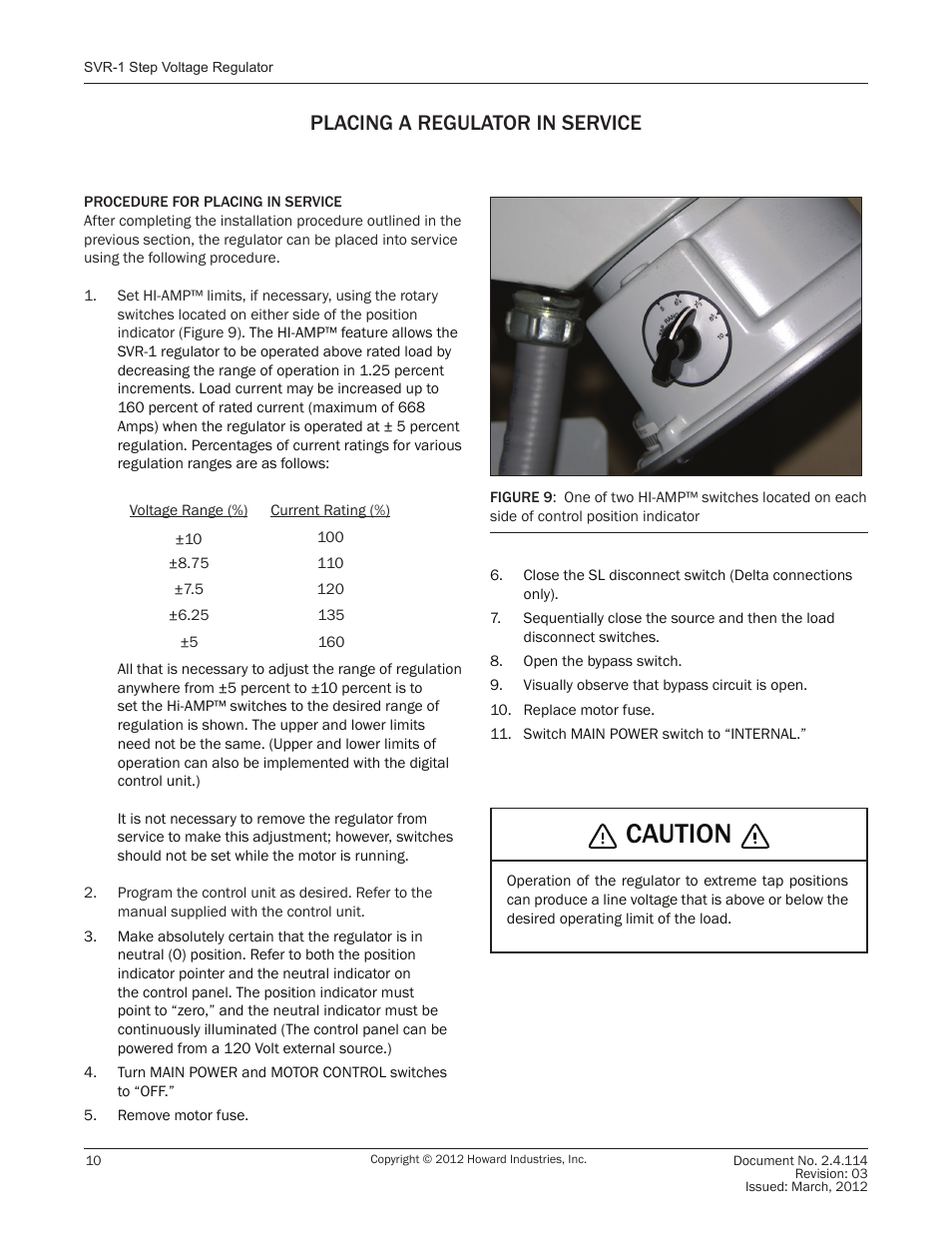 Caution, Placing a regulator in service | Howard SVR1 Regulator User Manual | Page 10 / 18