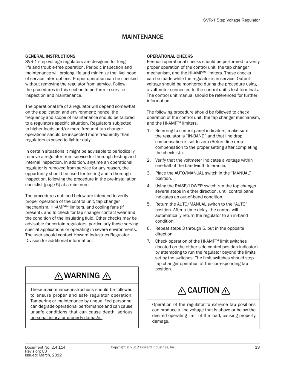 Caution, Warning, Maintenance | Howard SVR1 Regulator User Manual | Page 13 / 18