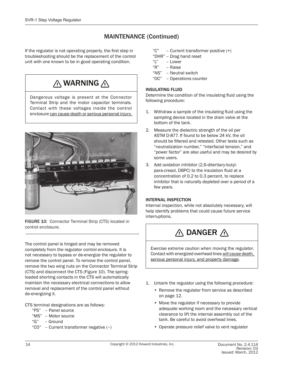 Warning, Danger, Maintenance (continued) | Howard SVR1 Regulator User Manual | Page 14 / 18