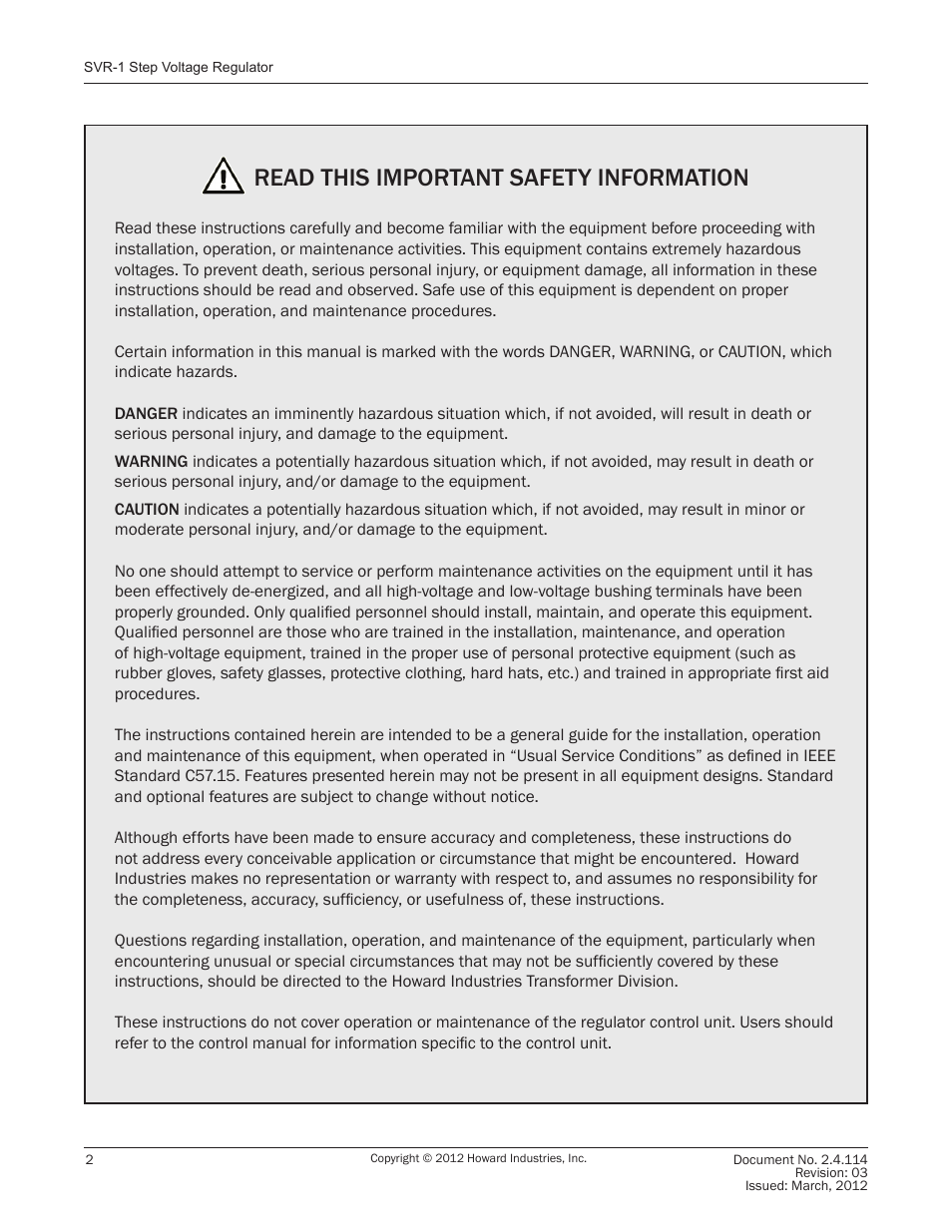 Read this important safety information | Howard SVR1 Regulator User Manual | Page 2 / 18