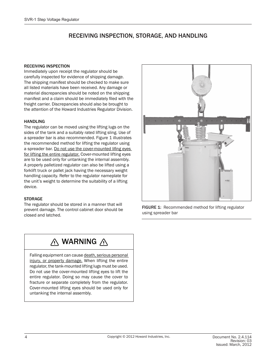Warning, Receiving inspection, storage, and handling | Howard SVR1 Regulator User Manual | Page 4 / 18