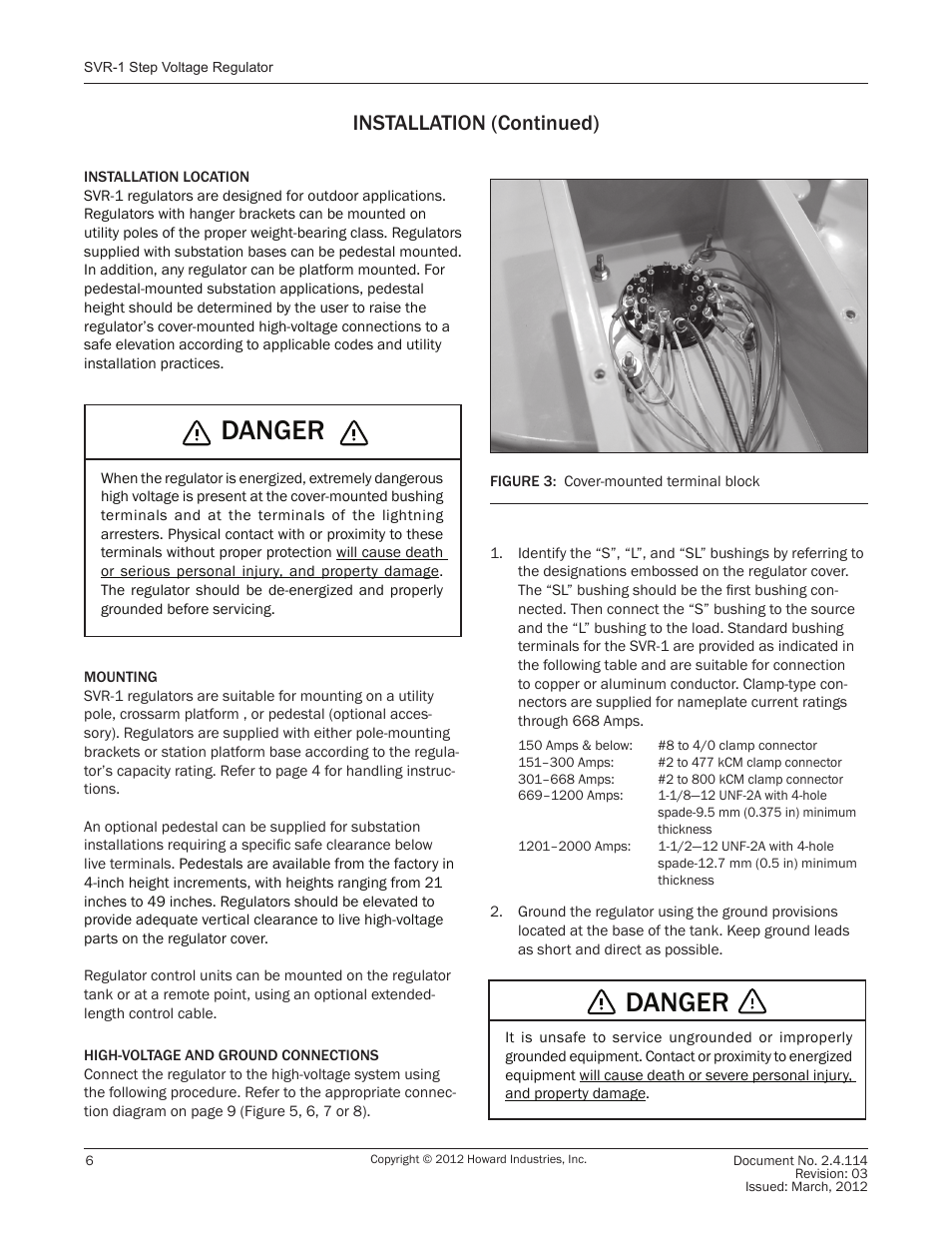 Danger, Installation (continued) | Howard SVR1 Regulator User Manual | Page 6 / 18