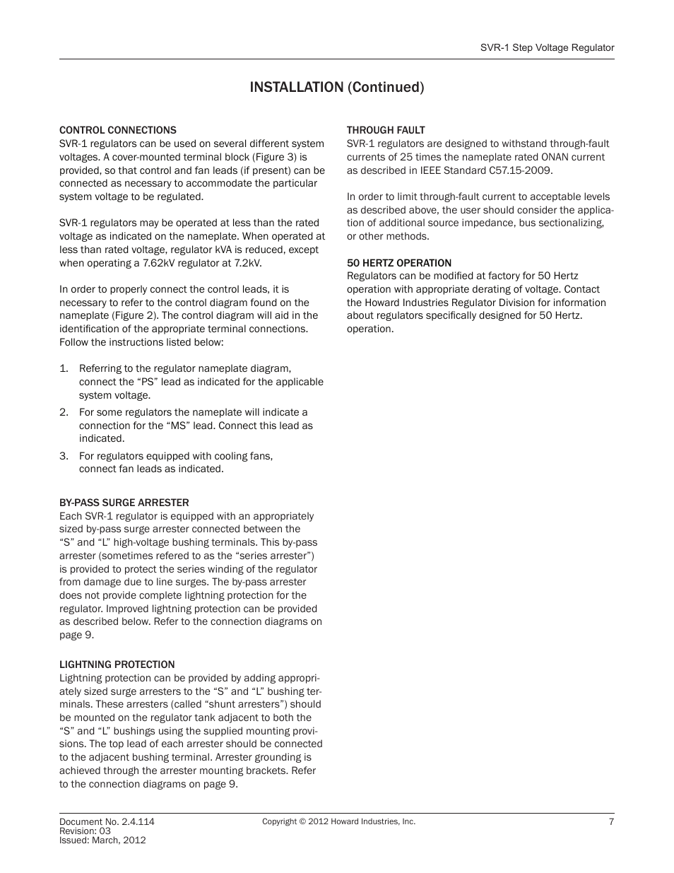 Installation (continued) | Howard SVR1 Regulator User Manual | Page 7 / 18