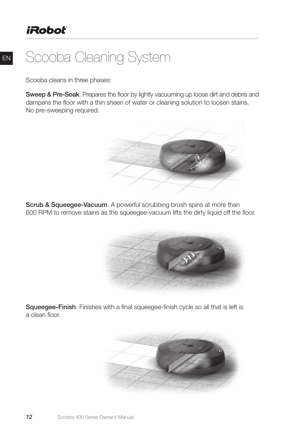 Scooba cleaning system | iRobot Scooba 400 Series User Manual | Page 12 / 32