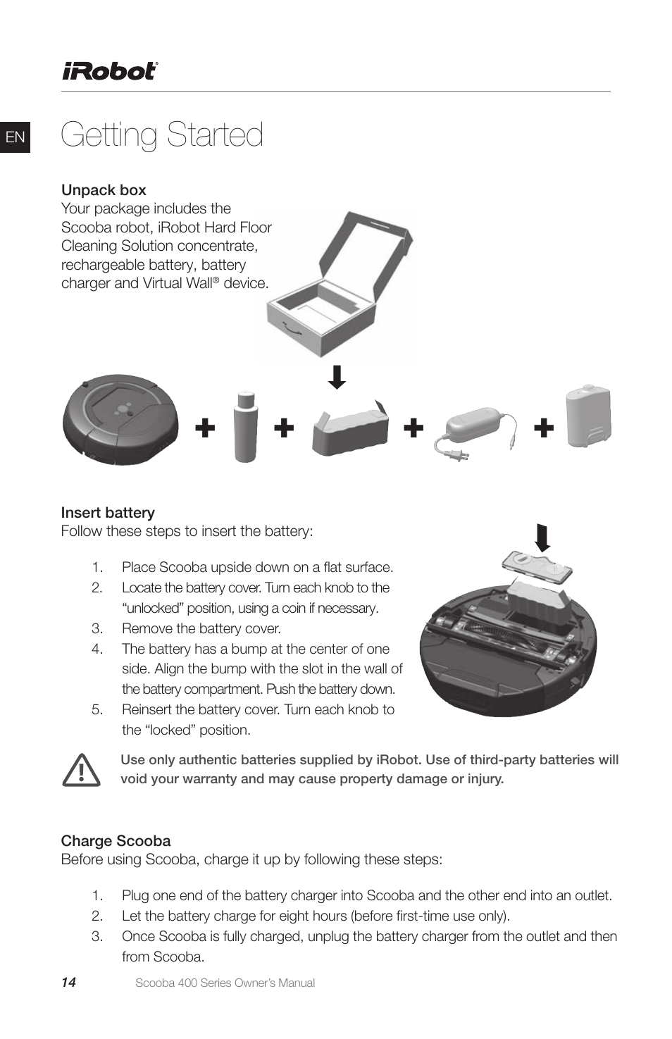 Getting started | iRobot Scooba 400 Series User Manual | Page 14 / 32