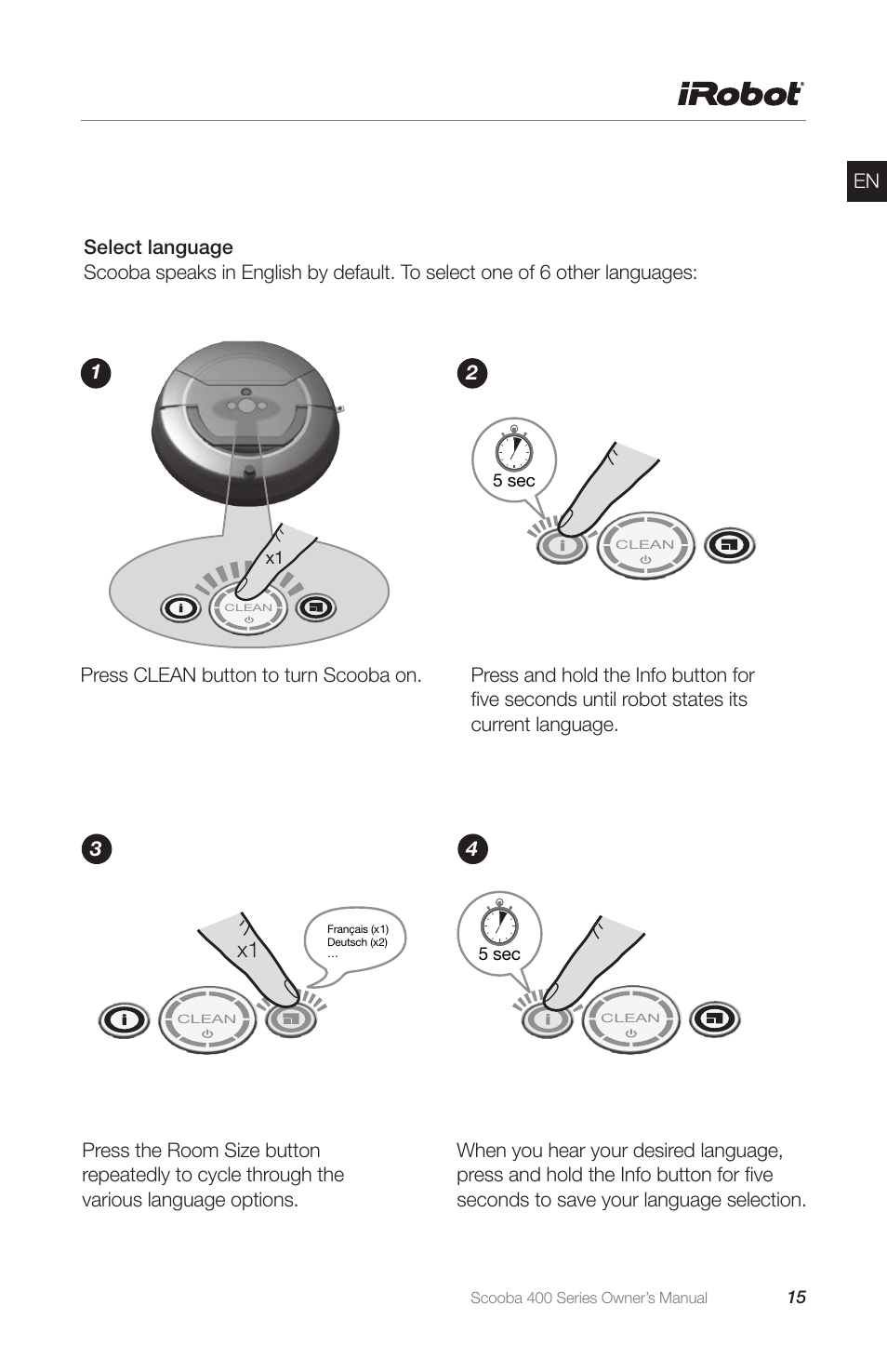 iRobot Scooba 400 Series User Manual | Page 15 / 32