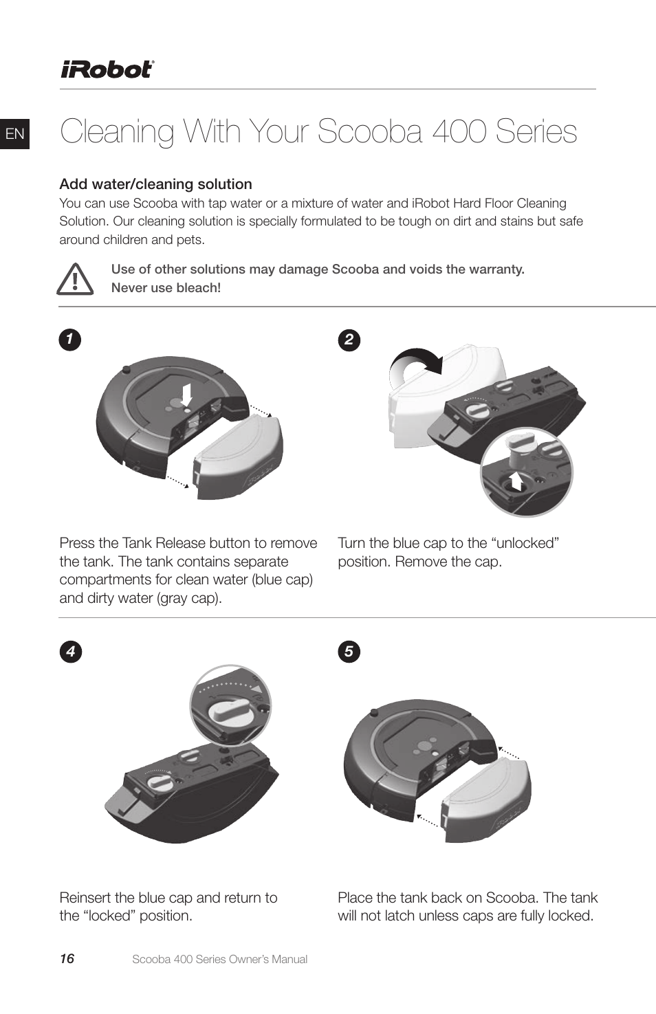 Cleaning with your scooba 400 series | iRobot Scooba 400 Series User Manual | Page 16 / 32