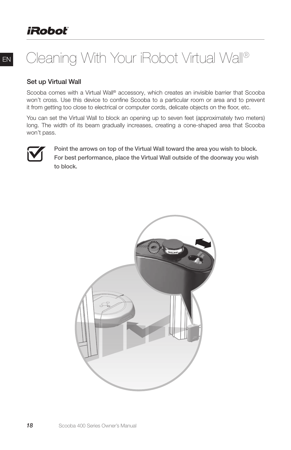 Cleaning with your irobot virtual wall | iRobot Scooba 400 Series User Manual | Page 18 / 32