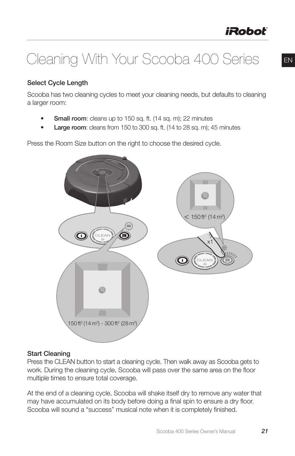 Cleaning with your scooba 400 series | iRobot Scooba 400 Series User Manual | Page 21 / 32