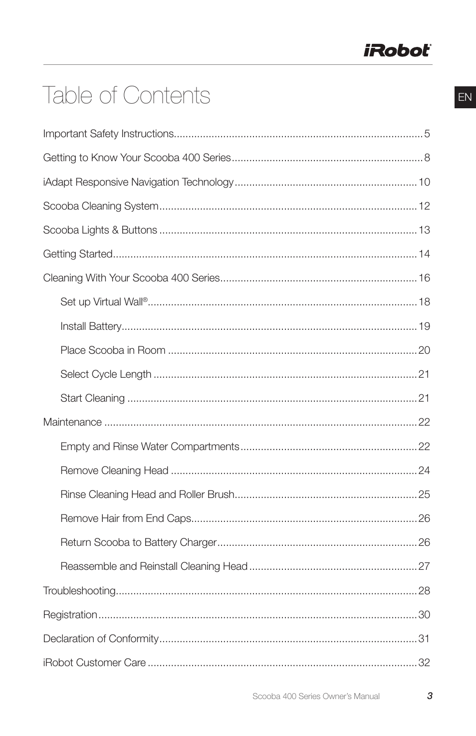 iRobot Scooba 400 Series User Manual | Page 3 / 32