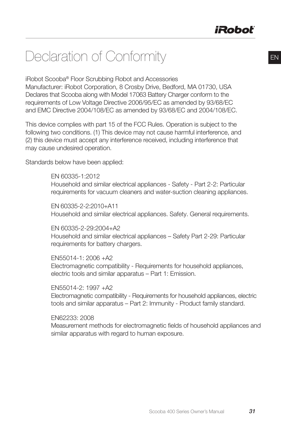 Declaration of conformity | iRobot Scooba 400 Series User Manual | Page 31 / 32