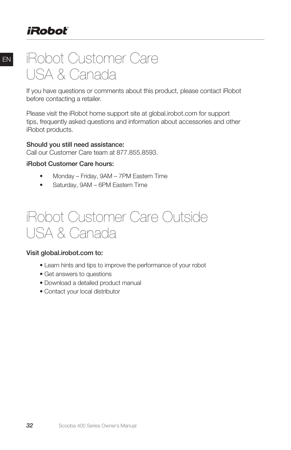 iRobot Scooba 400 Series User Manual | Page 32 / 32