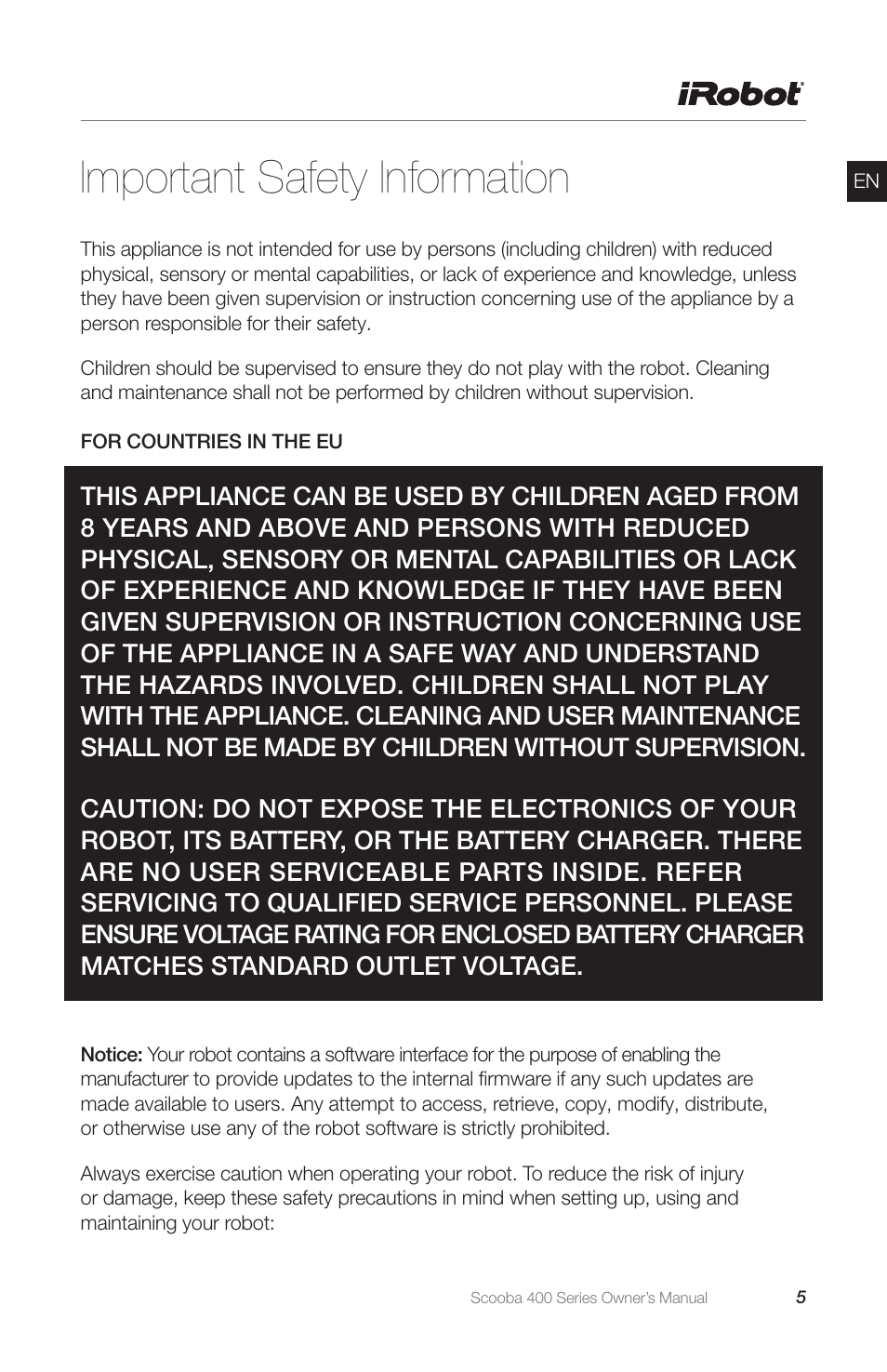 Important safety information | iRobot Scooba 400 Series User Manual | Page 5 / 32