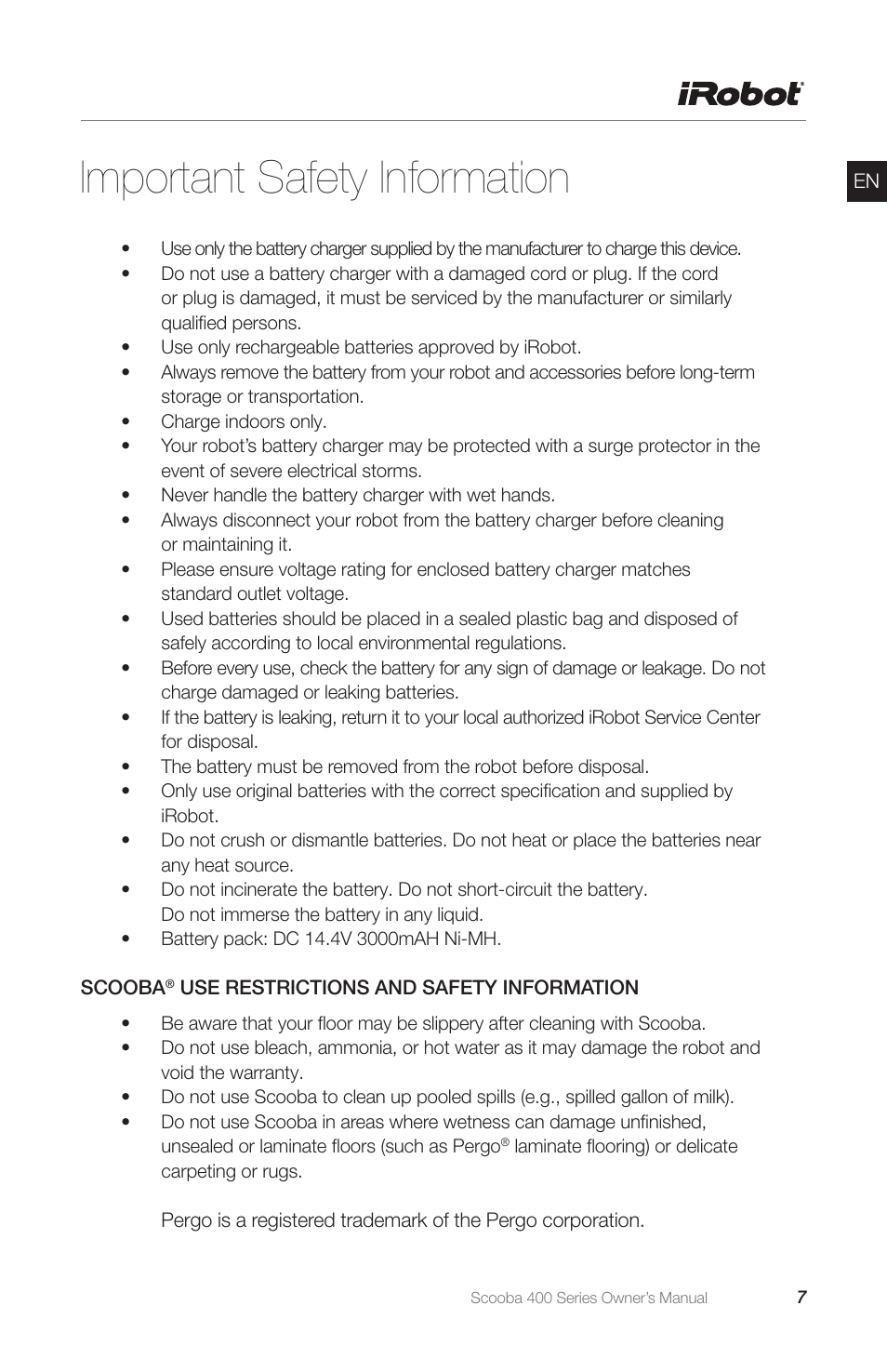 Important safety information | iRobot Scooba 400 Series User Manual | Page 7 / 32