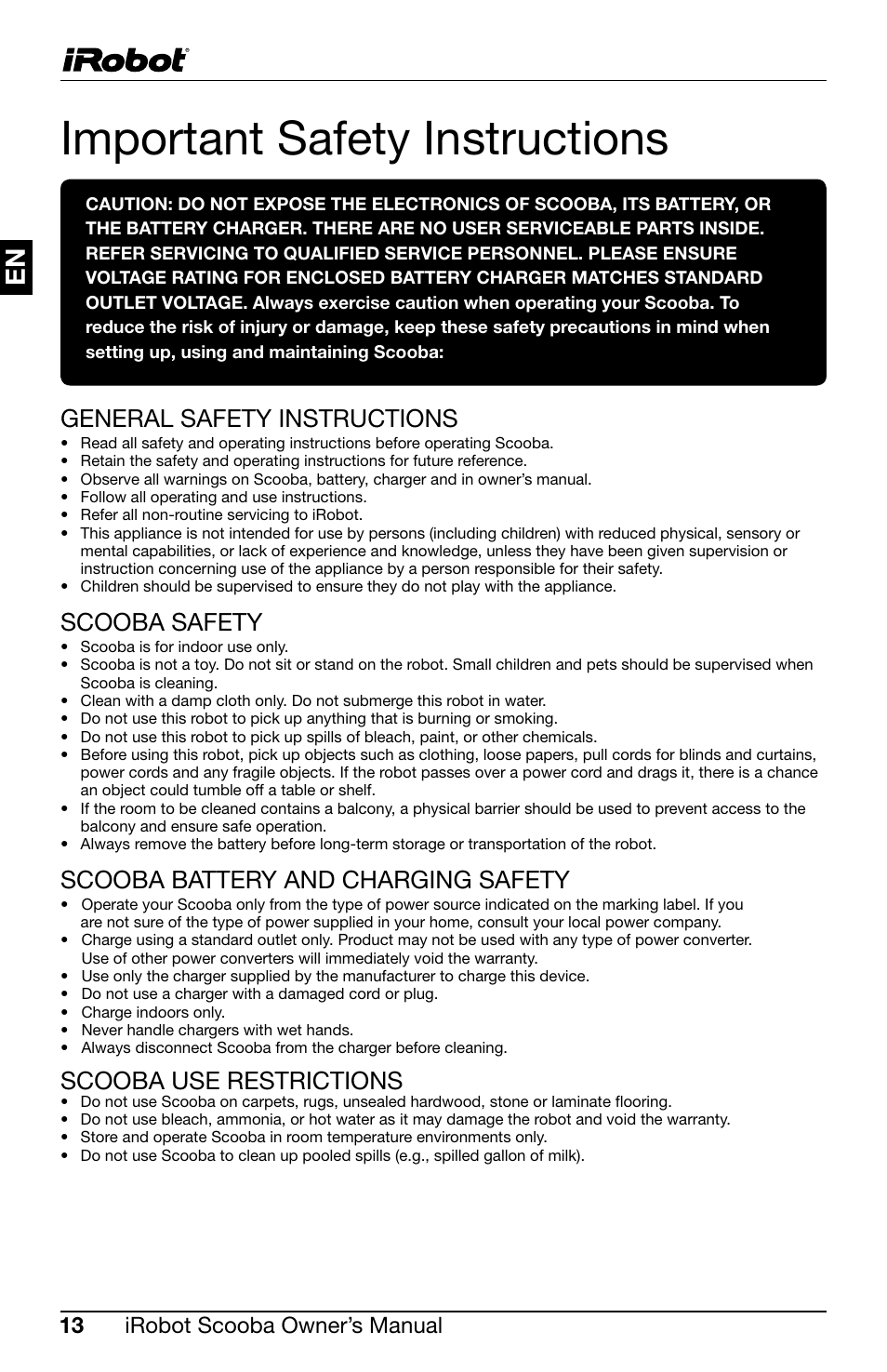 Important safety instructions, General safety instructions, Scooba safety | Scooba battery and charging safety, Scooba use restrictions, Irobot scooba owner’s manual | iRobot Scooba 390 User Manual | Page 16 / 17