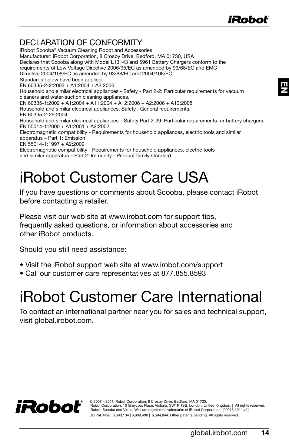 Irobot customer care usa, Irobot customer care international, Declaration of conformity | iRobot Scooba 390 User Manual | Page 17 / 17