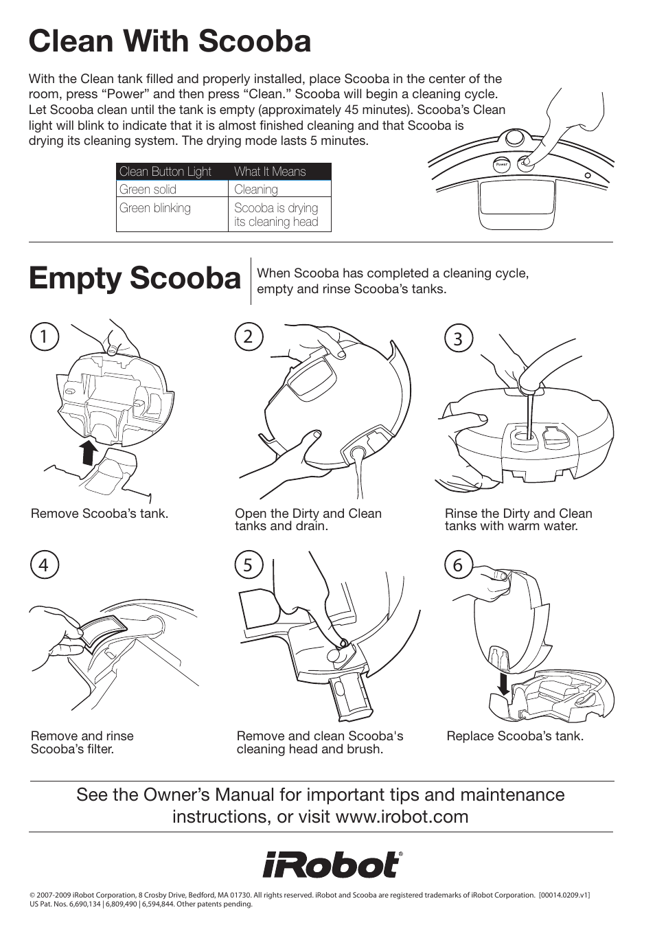 00014.0209.v1.scoobaqsg.en.side2, Empty scooba, Clean with scooba | iRobot Scooba 390 User Manual | Page 2 / 17