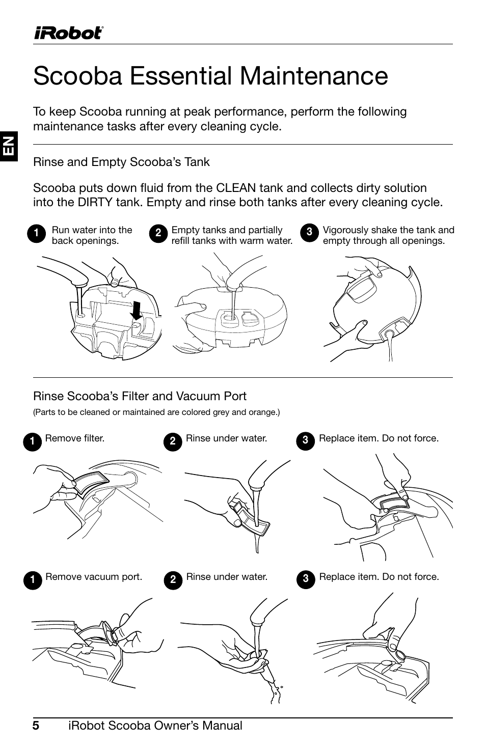 Scooba essential maintenance | iRobot Scooba 390 User Manual | Page 8 / 17