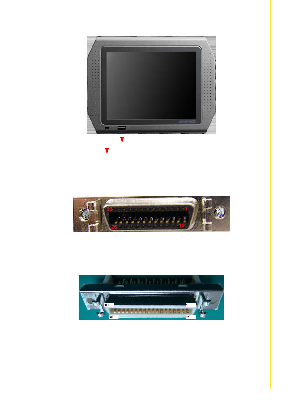 Figure 1.4 front side of trek-305r, Figure 1.5 26-pin connector, Figure 1.6 36-pin connector | Chapter 1 g eneral information | Advantech TREK-305R User Manual | Page 13 / 24