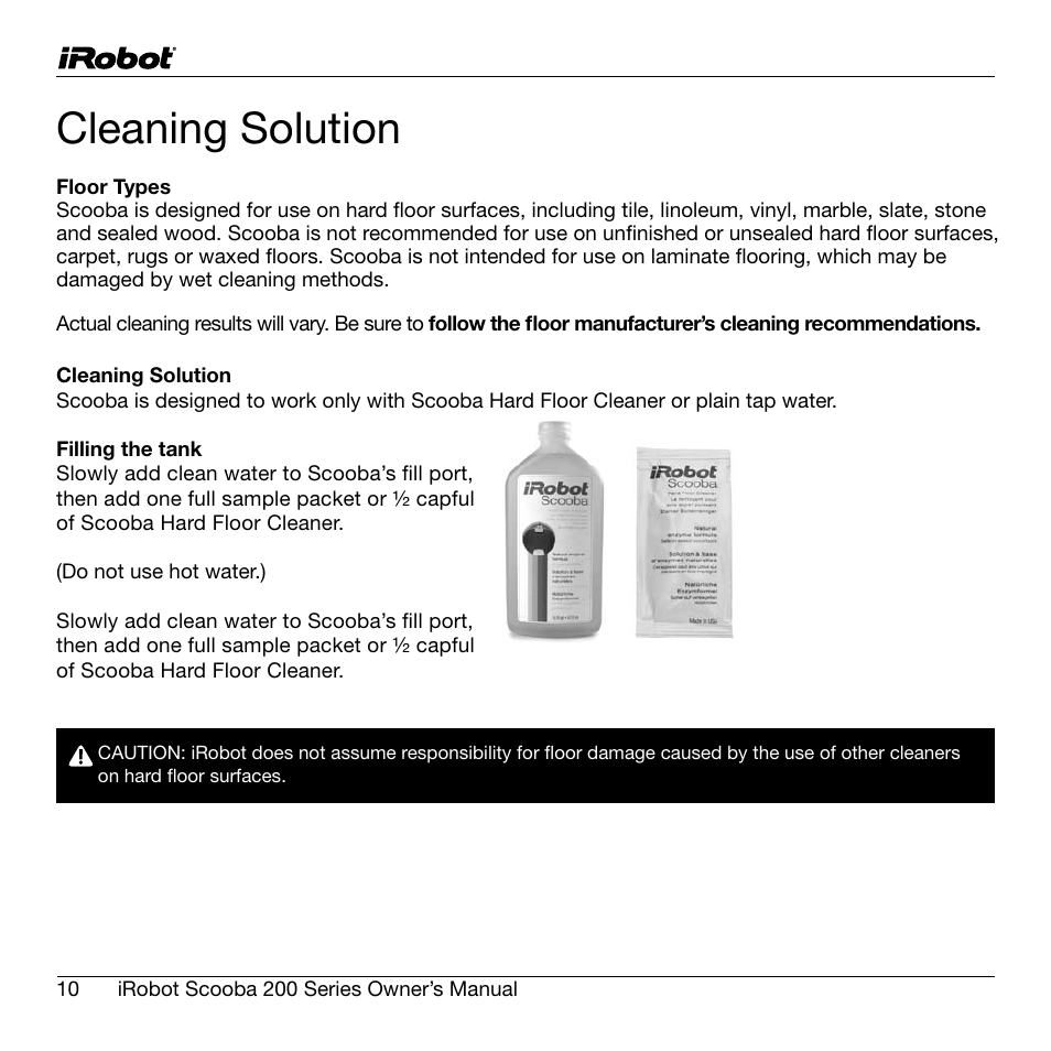 Cleaning solution | iRobot Scooba 200 Series User Manual | Page 10 / 17