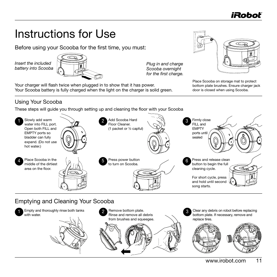 Instructions for use, Emptying and cleaning your scooba | iRobot Scooba 200 Series User Manual | Page 11 / 17