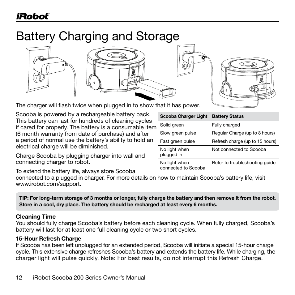 Battery charging and storage | iRobot Scooba 200 Series User Manual | Page 12 / 17