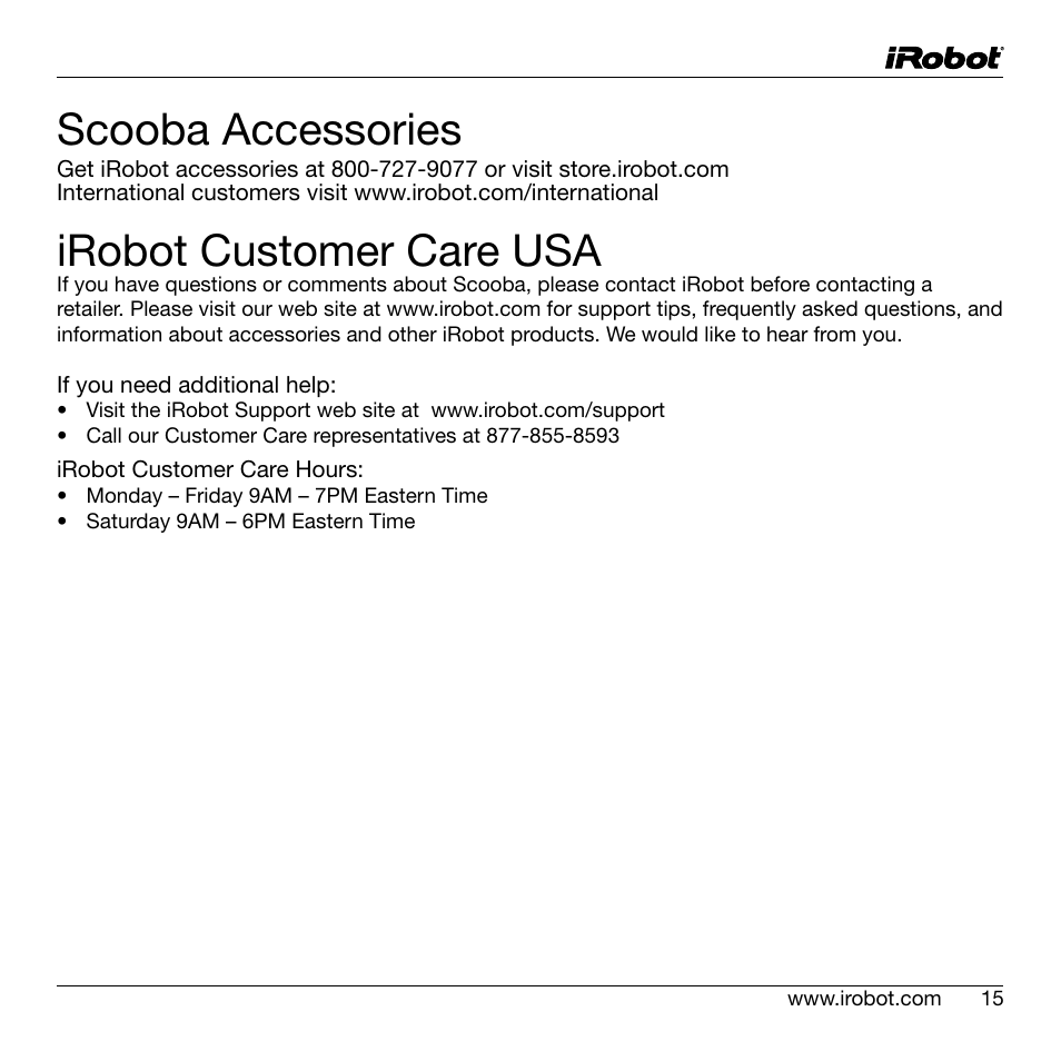 Scooba accessories, Irobot customer care usa | iRobot Scooba 200 Series User Manual | Page 15 / 17