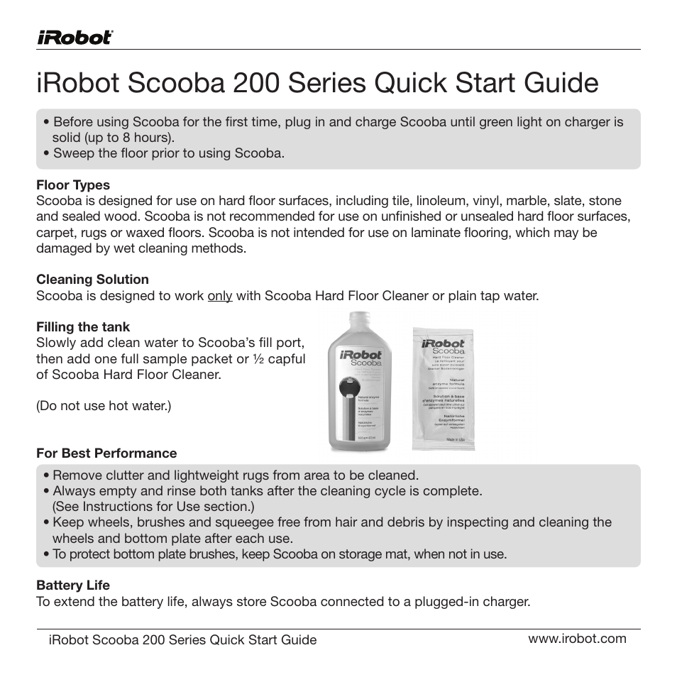 00027.0710.v1.scooba200qsg, Irobot scooba 200 series quick start guide | iRobot Scooba 200 Series User Manual | Page 16 / 17