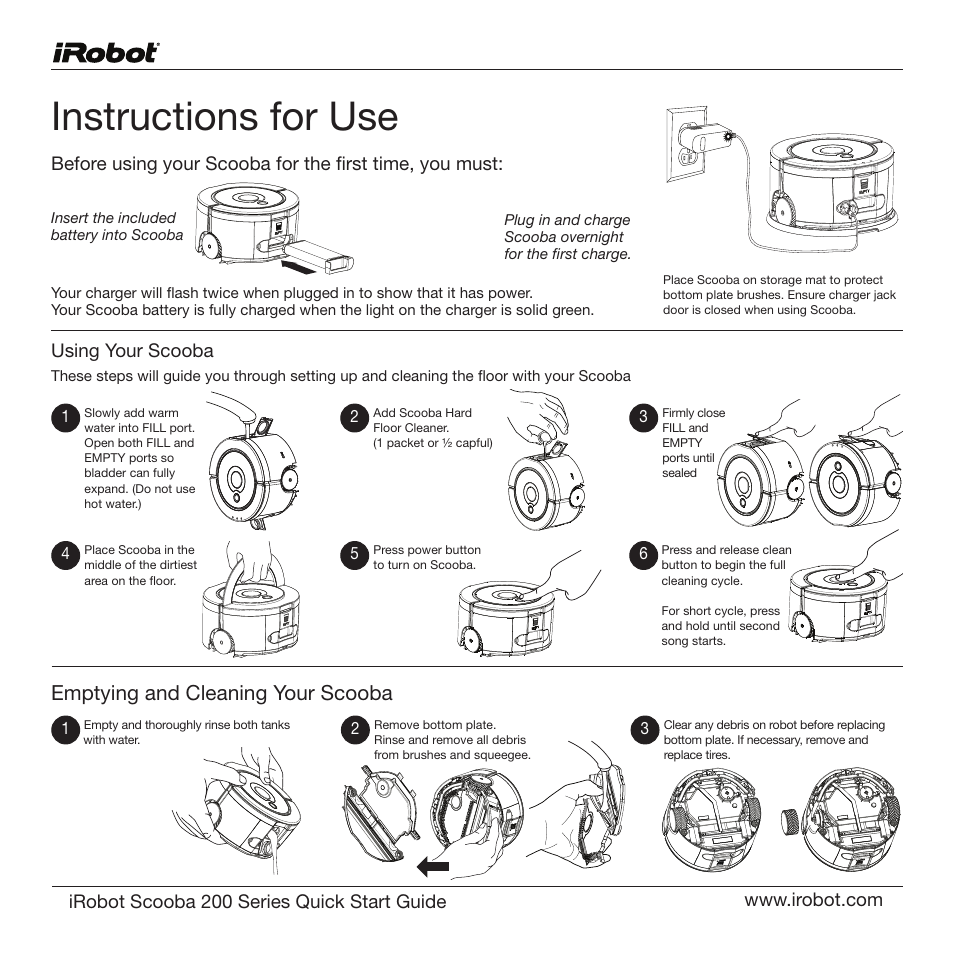 Instructions for use, Emptying and cleaning your scooba | iRobot Scooba 200 Series User Manual | Page 17 / 17