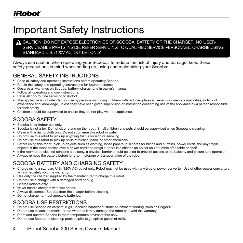 Important safety instructions, General safety instructions, Scooba safety | Scooba battery and charging safety, Scooba use restrictions | iRobot Scooba 200 Series User Manual | Page 4 / 17