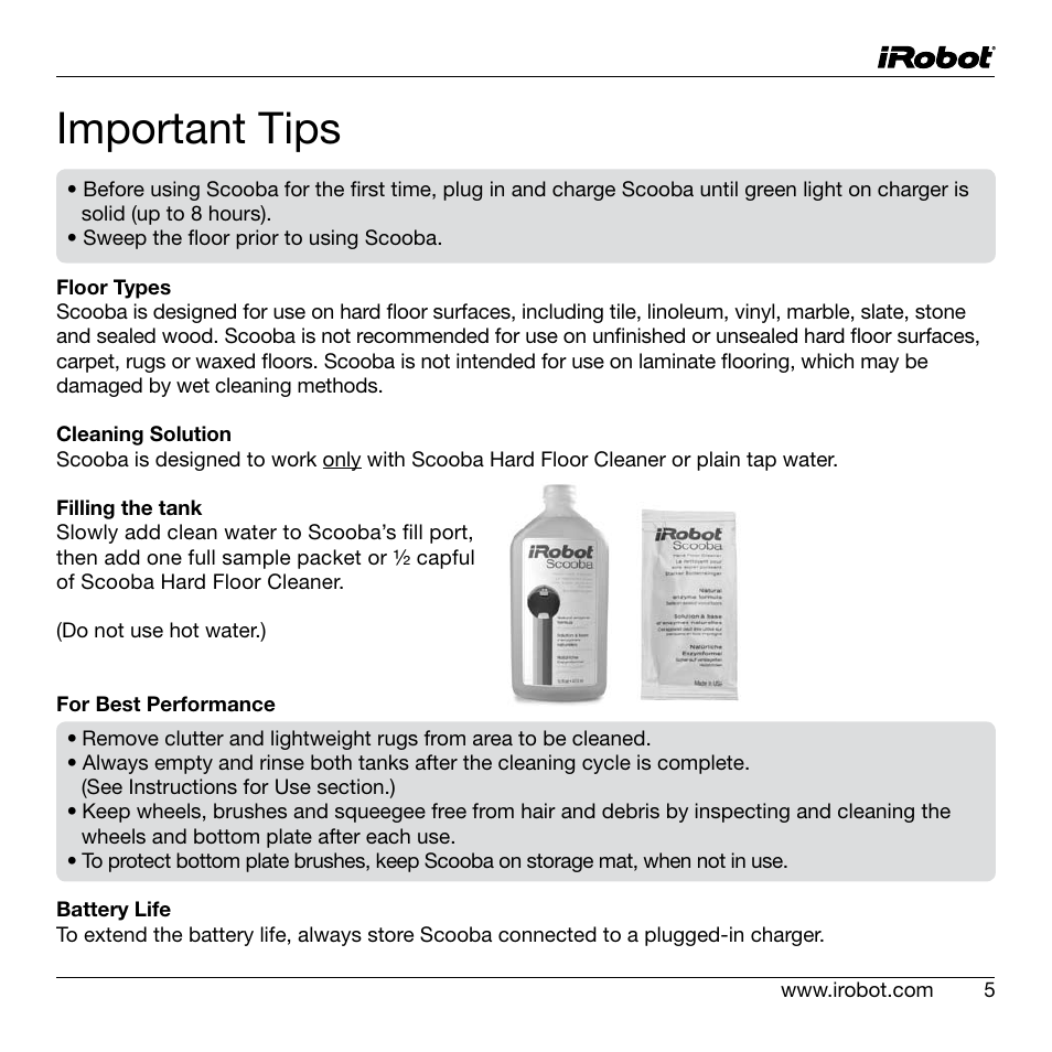 Important tips | iRobot Scooba 200 Series User Manual | Page 5 / 17