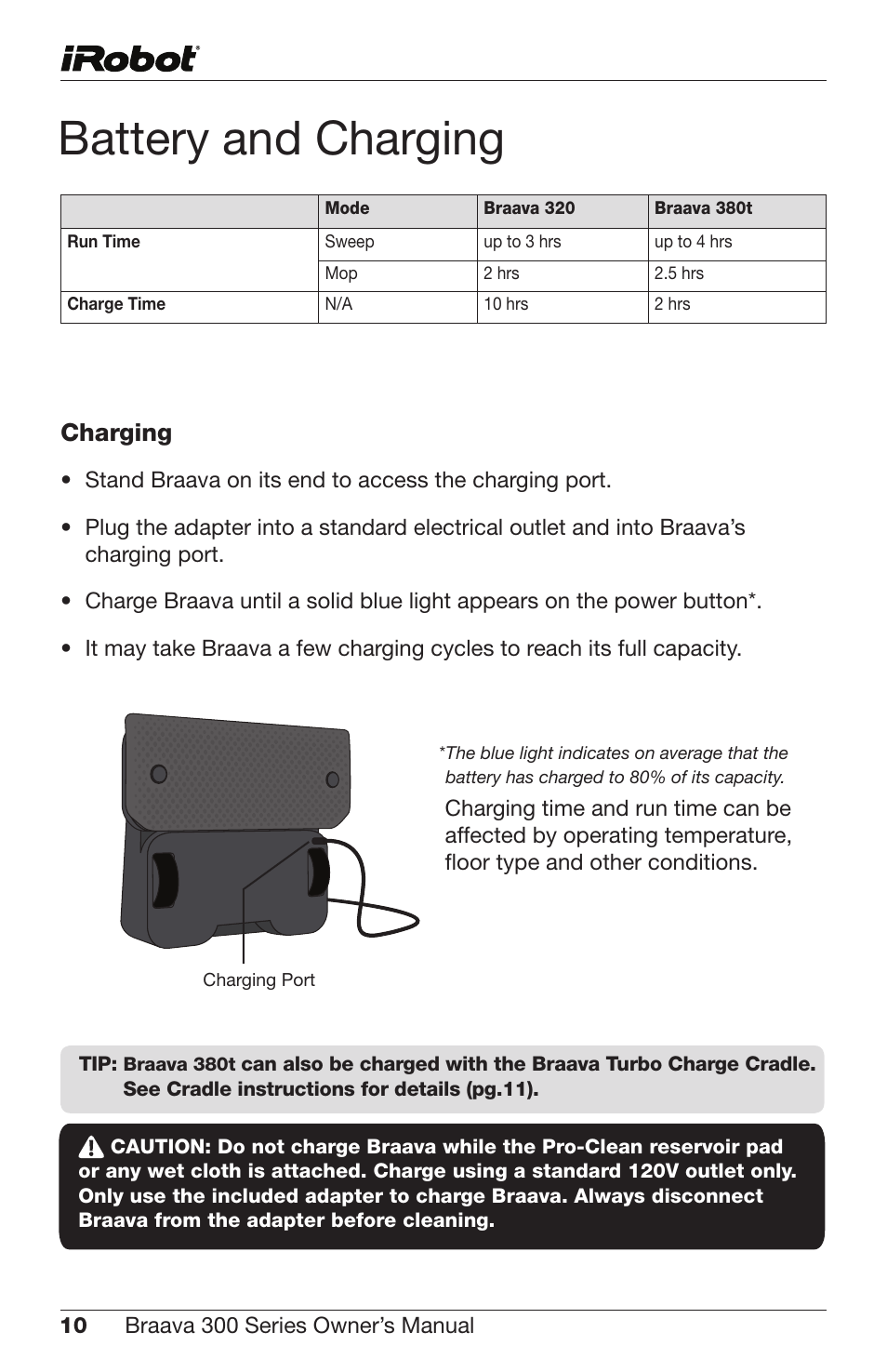 Battery and charging, Charging | iRobot Braava 300 Series User Manual | Page 10 / 28